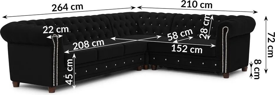 Черен кадифен разтегателен ъглов диван (десен ъгъл L форма) York Blik – Ropez