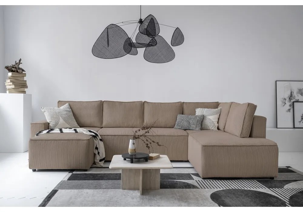 Бежов разтегателен ъглов диван от рипсено кадифе (десен ъгъл/"U" форма) Brave Dave – Miuform