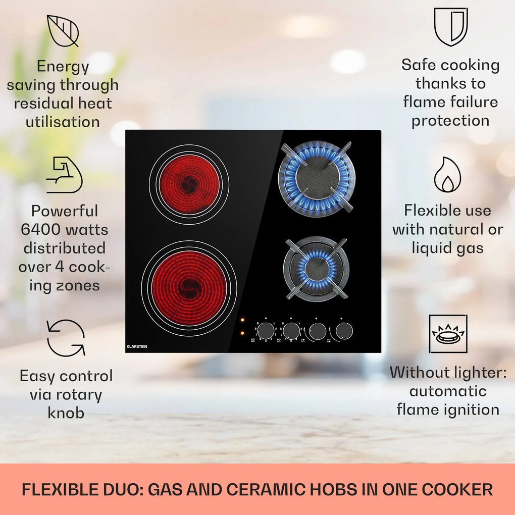 Klarstein MultiChef 4, комбиниран газов плот, газ/стъклокерамика, 4 зони