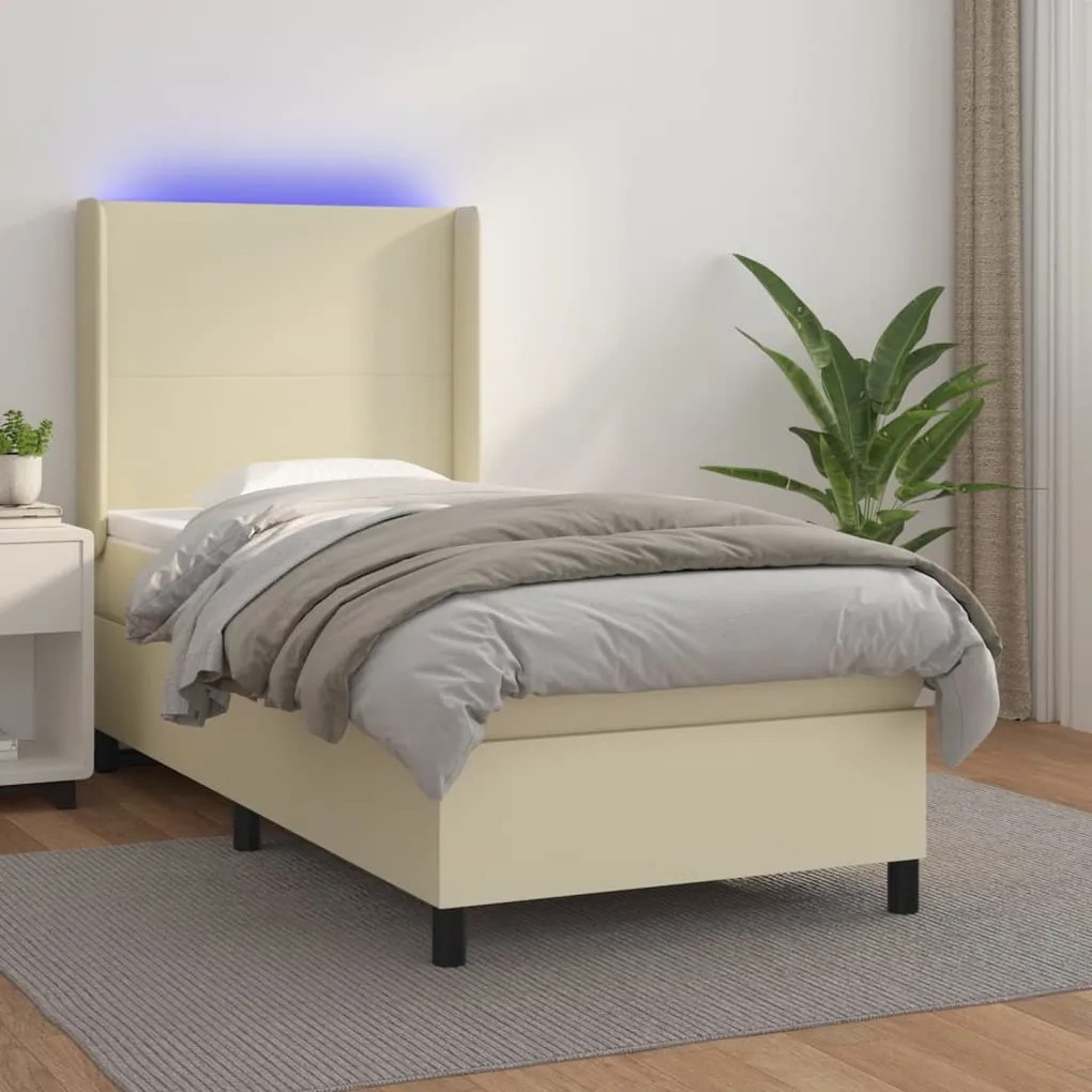 3139243 vidaXL Боксспринг легло с матрак LED кремаво 90x200 см изкуствена кожа