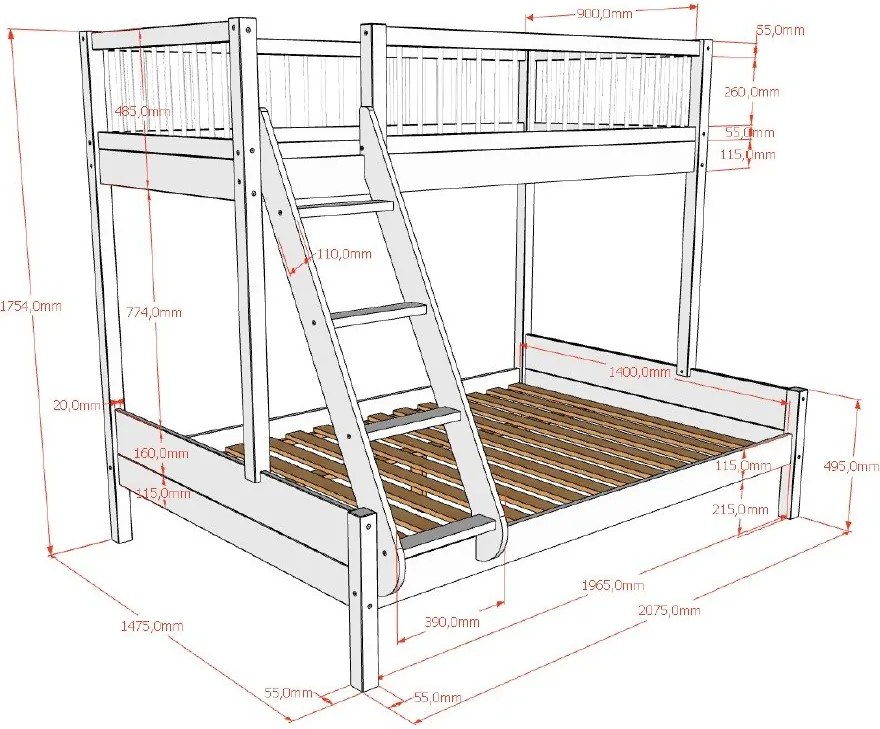 Бяло детско легло 140x200/90x200 cm от масивен бук двуетажно с включена подматрачна рамка Forrest – Vipack