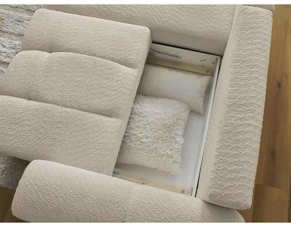 Бежов разтегателен ъглов диван с място за съхранение от букле (ляв ъгъл) Roxelane – Bobochic Paris