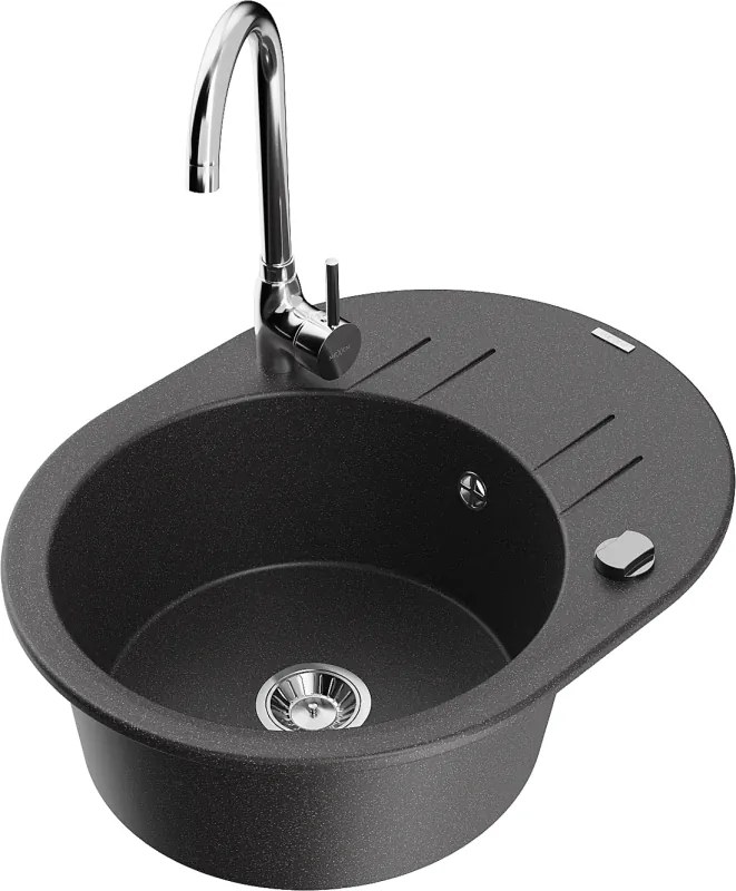 Mexen Kevin кухненска мивка от гранит с 1 отделение и отцедник и кухненски смесител Telma, черен напукан - 6517-76-670200-00