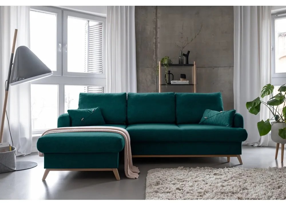 Тюркоазен разтегателен/с място за съхранение ъглов диван (ляв ъгъл) Scandic Lagom – Miuform