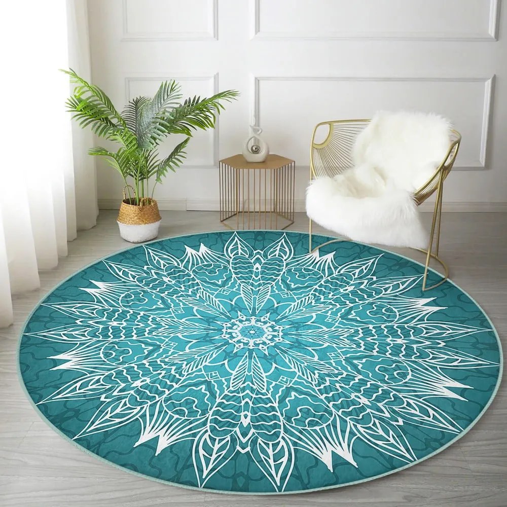 Тюркоазен кръгъл килим подходящ за пране и за прахосмукачки роботи ø 100 cm Comfort – Mila Home