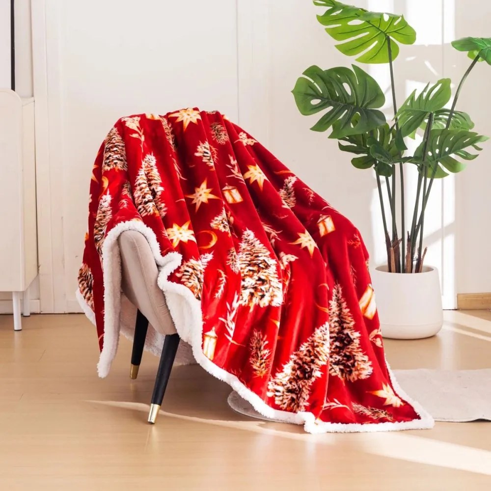 Коледно червено одеяло с мотиви на агне и дърво - топло двустранно одеяло Ширина: 160 см | Дължина: 200 см