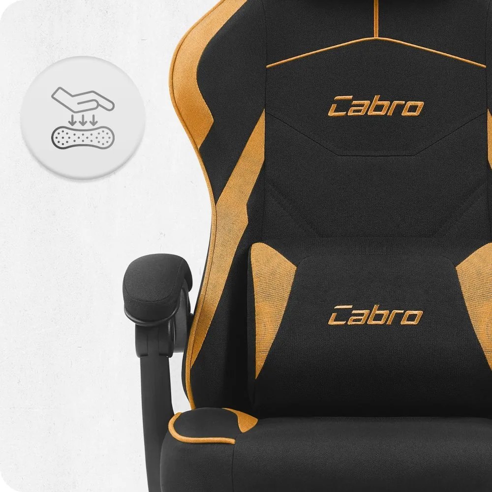 CABRO C502 геймърски стол от плат с подложка за крака, до 150 кг, черен и оранжев