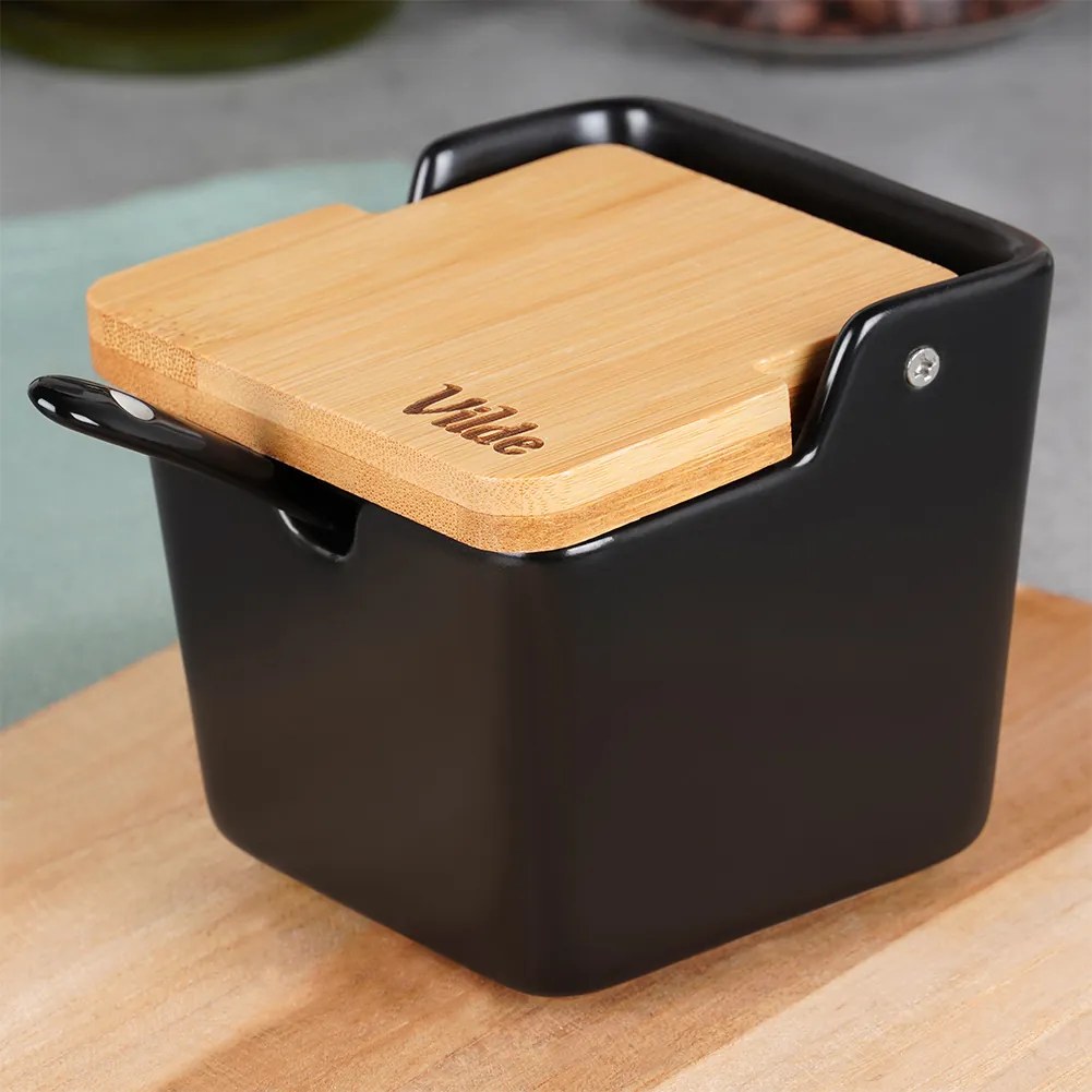 Захарница с лъжица, керамика_бамбук, черна, вместимост 250 мл, размери 9,5x9,5x9см