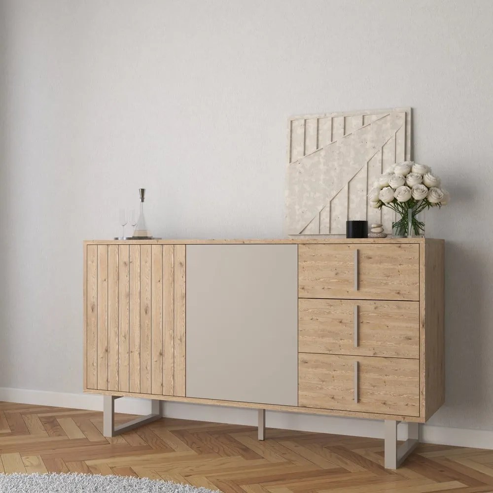 Сиво-естествен нисък скрин от декор от дъб 140x80 cm Millay – Marckeric