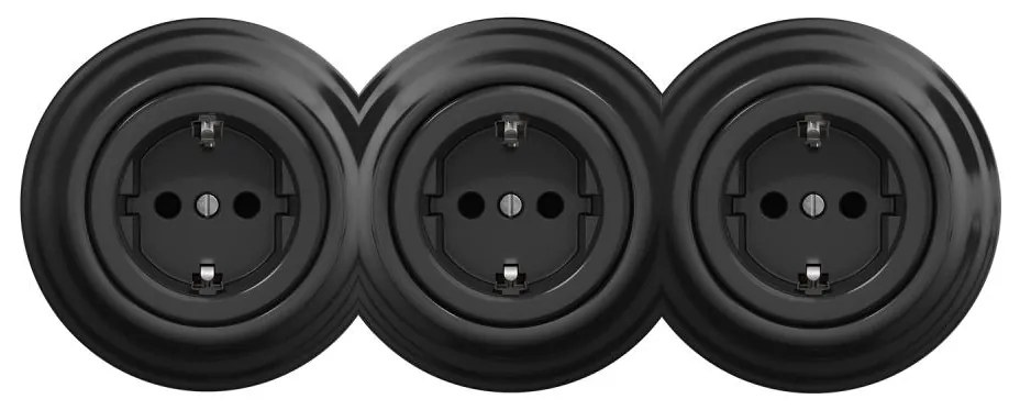 Kliklap - Тройна ретро розетка за домашна употреба с рамка SCHUKO 230V, черна