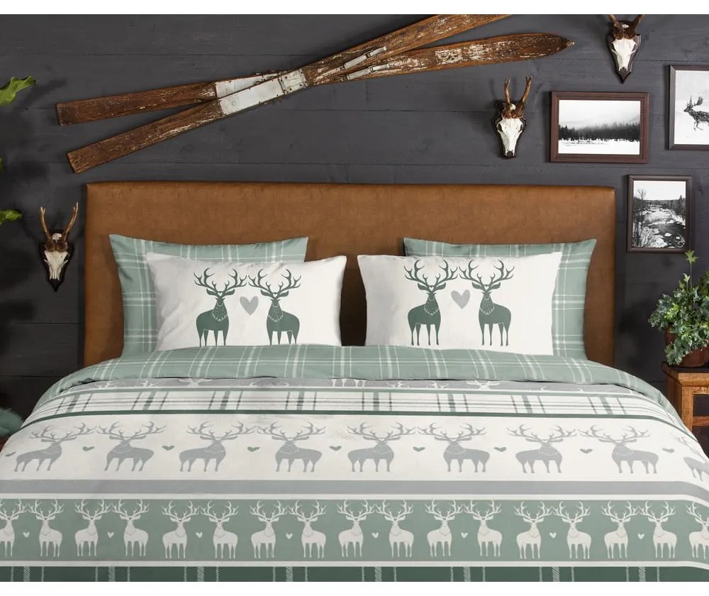 Зелено-кремаво единично фланелено спално бельо 140x200 cm Bjirk – Good Morning