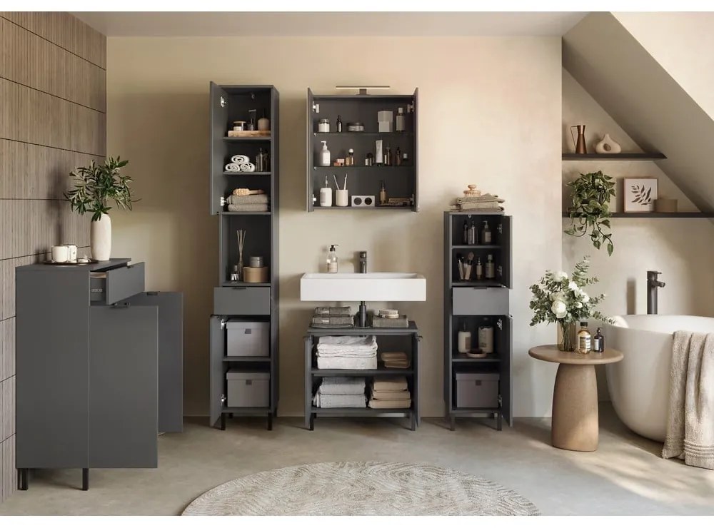 Антрацитен висок тесен шкаф за баня 30x190 cm Arcena – Germania