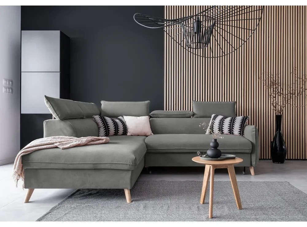 Ъглов разтегателен диван от светлосиво кадифе (ляв ъгъл) Sweet Harmony - Miuform