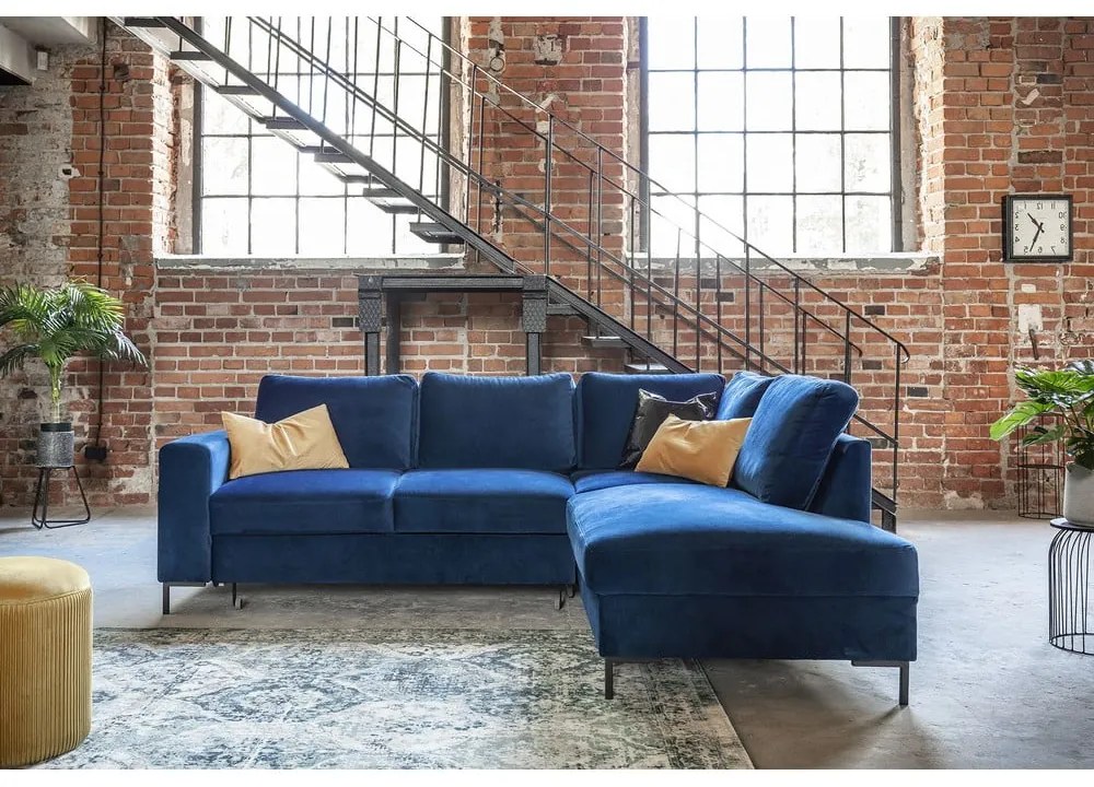 Тъмносин кадифен разтегателен ъглов диван (десен ъгъл) Lofty Lilly – Miuform