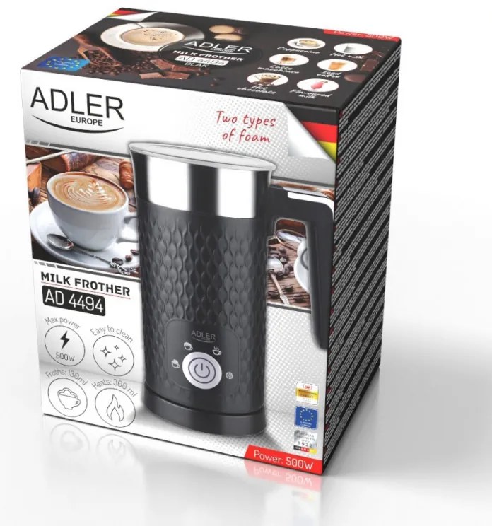 Уред за разпенване на мляко Adler AD 4494B, 500W, 300 мл, Незалепващо покритие, Черен