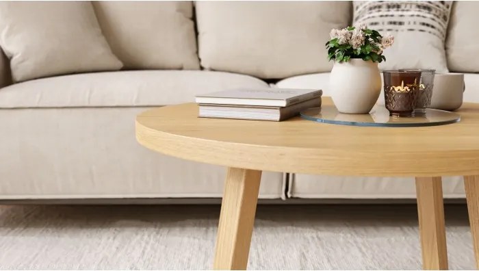 OASIS Естествен дъб – МОДЕРНА КРЪГЛА ДЪРВЕНА ХОЛНА МАСА Ø70 cm