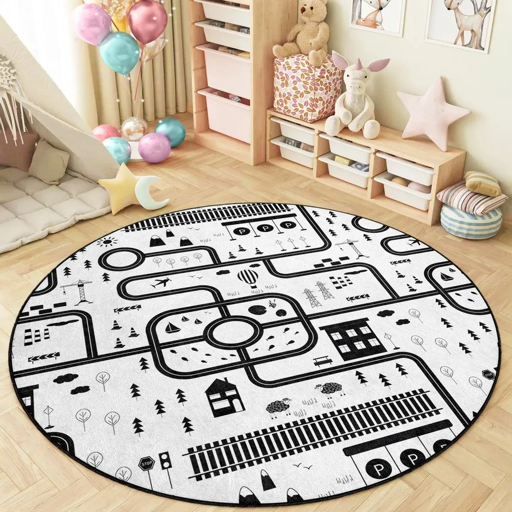 Черно-бял детско килимче за игра подходящо за пране ø150 cm In My Town – Mila Home