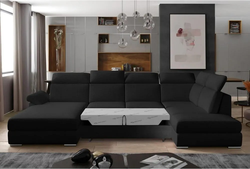 Черен разтегателен ъглов диван (десен ъгъл U форма) Evanell – ELTAP