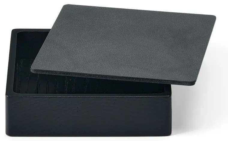 Дървена декоративна кутия за съхранение от еко кожа с капак в черен и антрацитен цвят 11x11x3,5 cm Square Nupo – LIND DNA