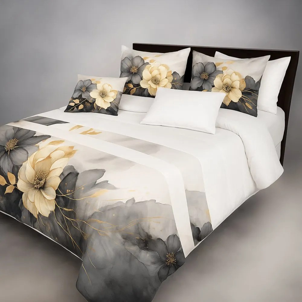 Елегантна покривка за легло с флорален десен в сиви нюанси Ширина: 200 см | Дължина: 220 см