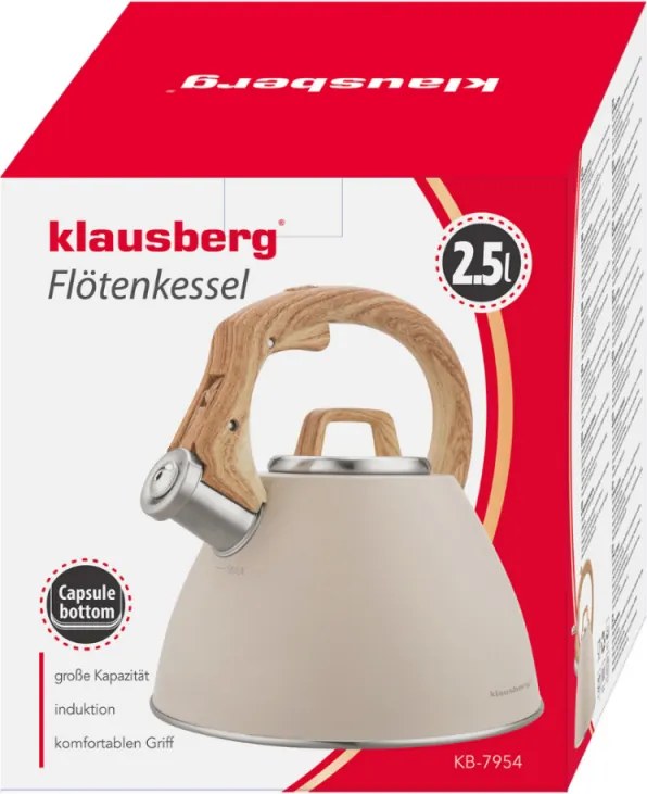 Свирещ чайник Klausberg KB 7954, 2.5 л, Неръждаема стомана, Топлоизолирана дръжка с дървесен ефект, Индукция, Бежов/кафяв