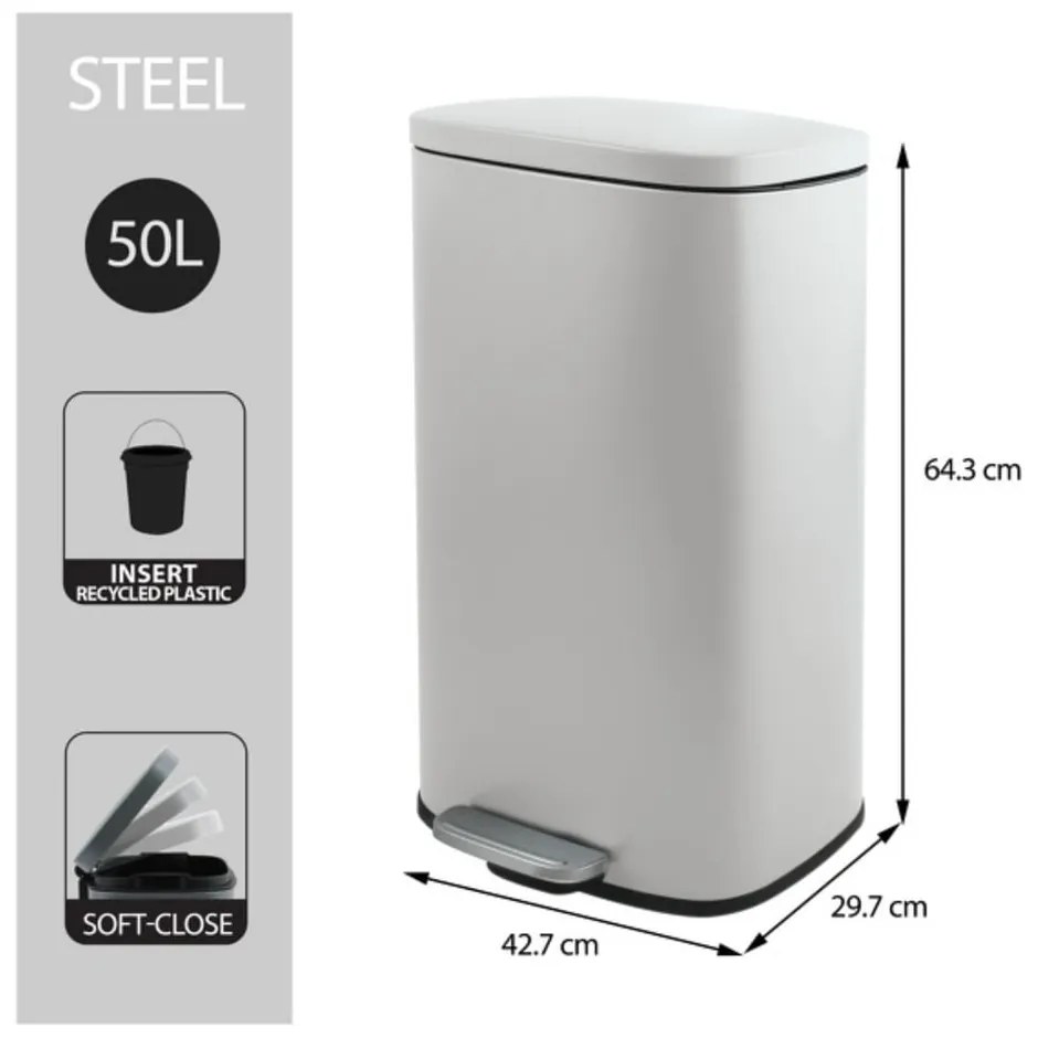 Стоманено кошче за боклук с педал в матово бял цвят 50 l Akira – Spirella