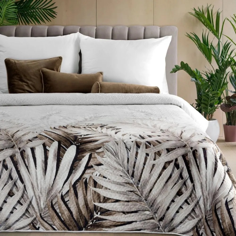 Кадифена покривка за легло в бяло с шарка от сиво-кафяви листа Ширина: 170 см | Дължина: 210 см
