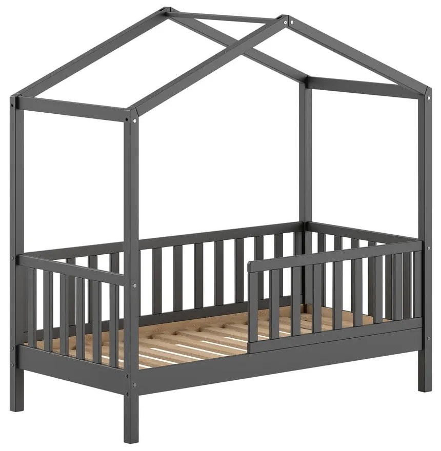 Антрацитно къща детско легло 70x140 cm от масивен бор с включена подматрачна рамка DALLAS – Vipack