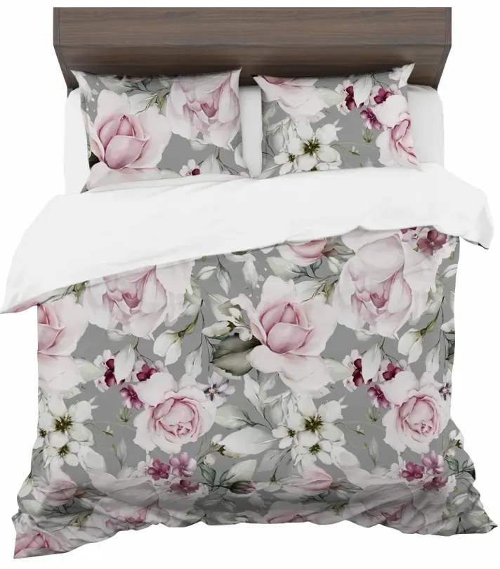 Спално бельо от синтетичен памук с флорален десен на рози – сиво 2 части: 1 бр. 140x200 + 1 бр. 70x80