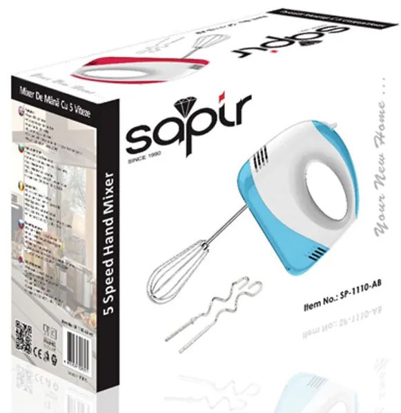 Ръчен миксер SAPIR SP 1110 AB, 150W, 5 скорости, 4 бъркалки, Бял/син