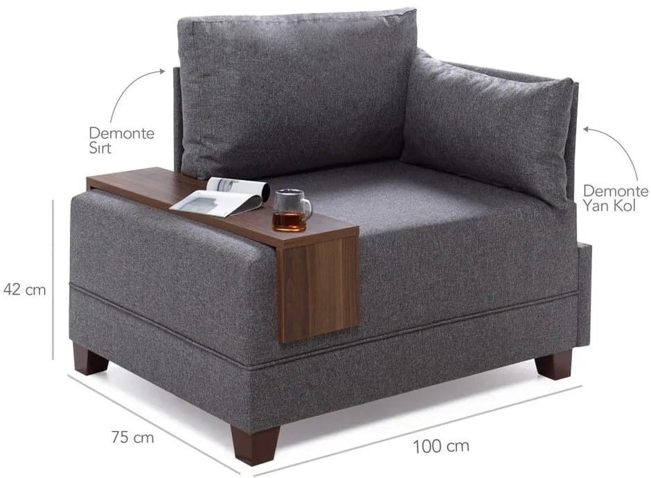 Сив фотьойл с подлакътник от дясната страна и дъска за съхранение Martha Fly - Balcab Home