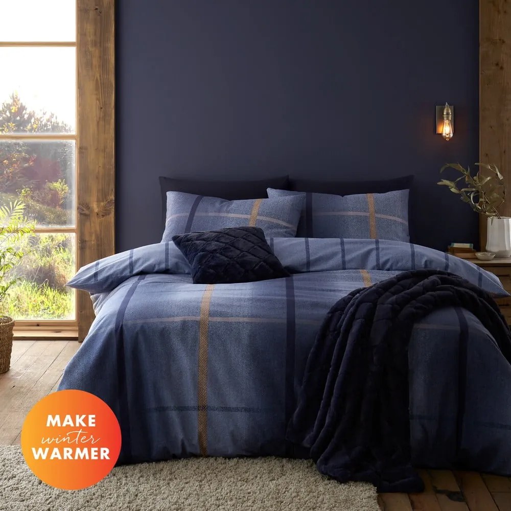 Тъмносиньо двойно удължено фланелено спално бельо 230x220 cm Melrose Tweed Check – Catherine Lansfield