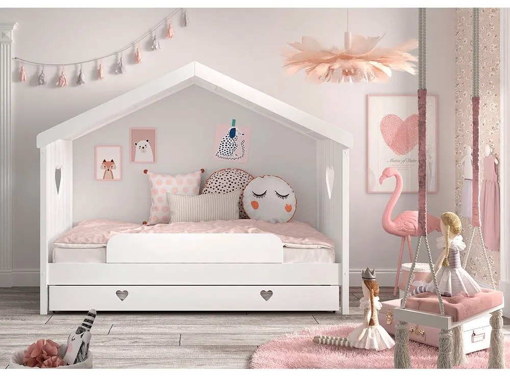 Бяло разтегателно детско легло къща от масивен бор с място за съхранение 90x200 cmAMORI – Vipack
