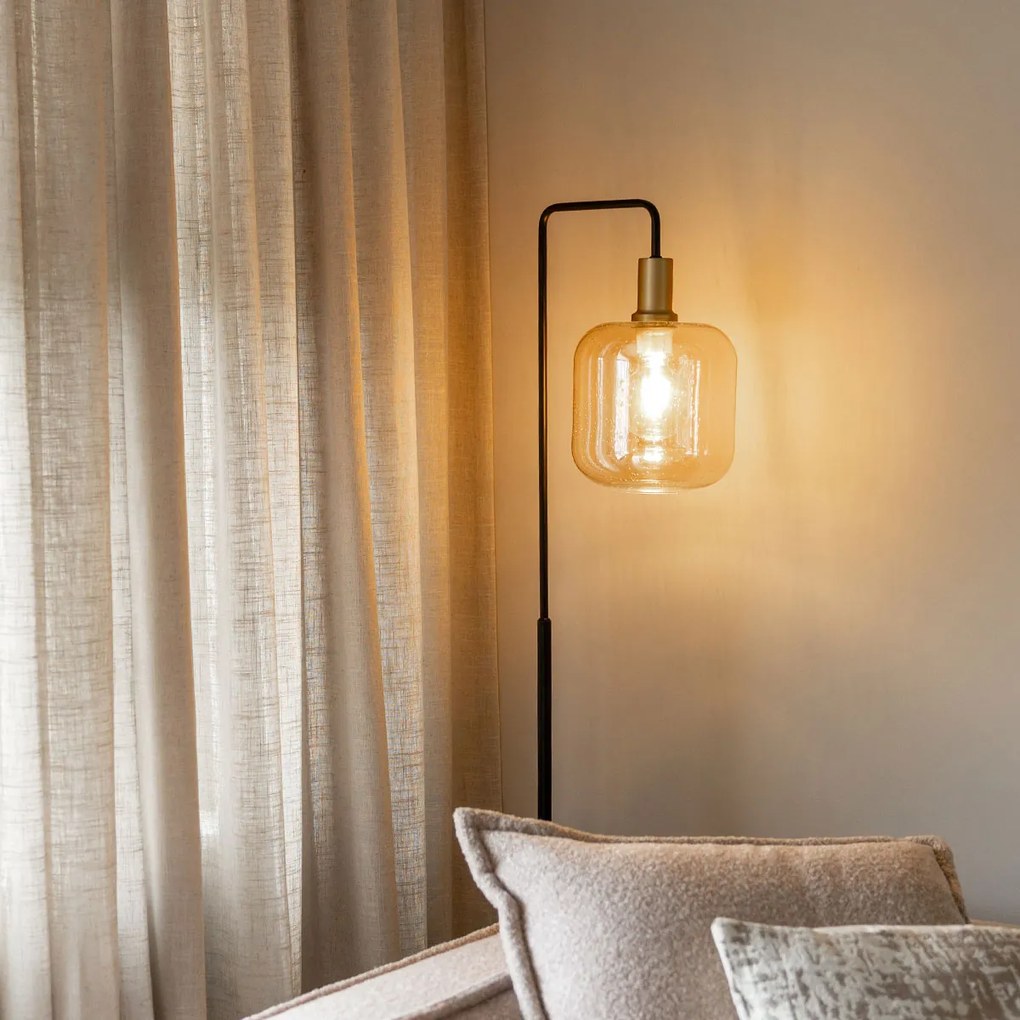 Дизайнерски подов аплик черен с месинг и кехлибарено стъкло - Zuzanna