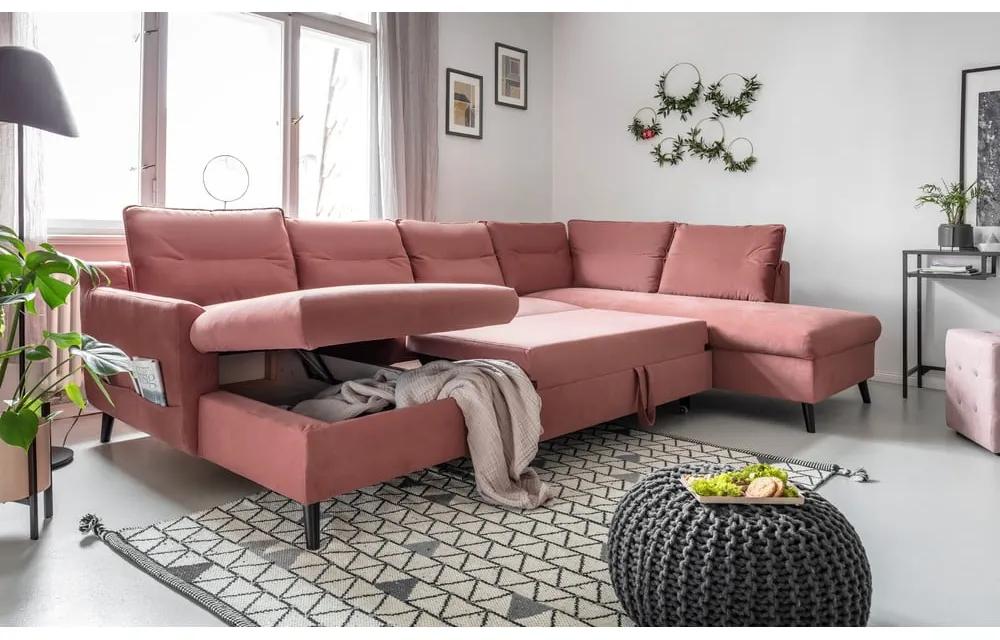 Розов кадифен U-образен разтегателен диван, десен ъгъл Stylish Stan - Miuform