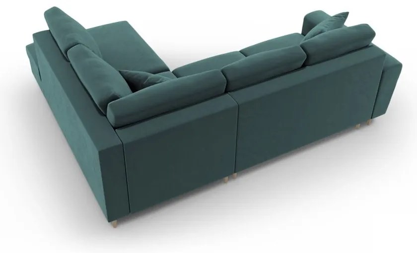 Кадифен разтегателен ъглов диван с място за съхранение в петролен цвят (десен ъгъл/L форма) Kyoto – Cosmopolitan Design