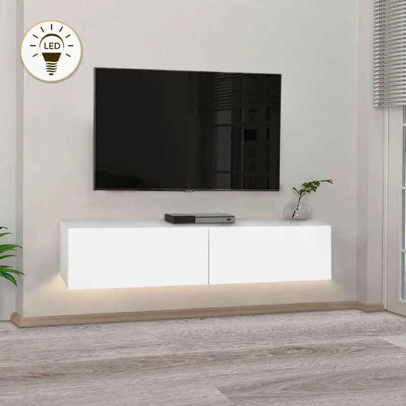 Аристо меламинов стенен ТВ шкаф с LED осветление в бял цвят 135x31.6x25см.
