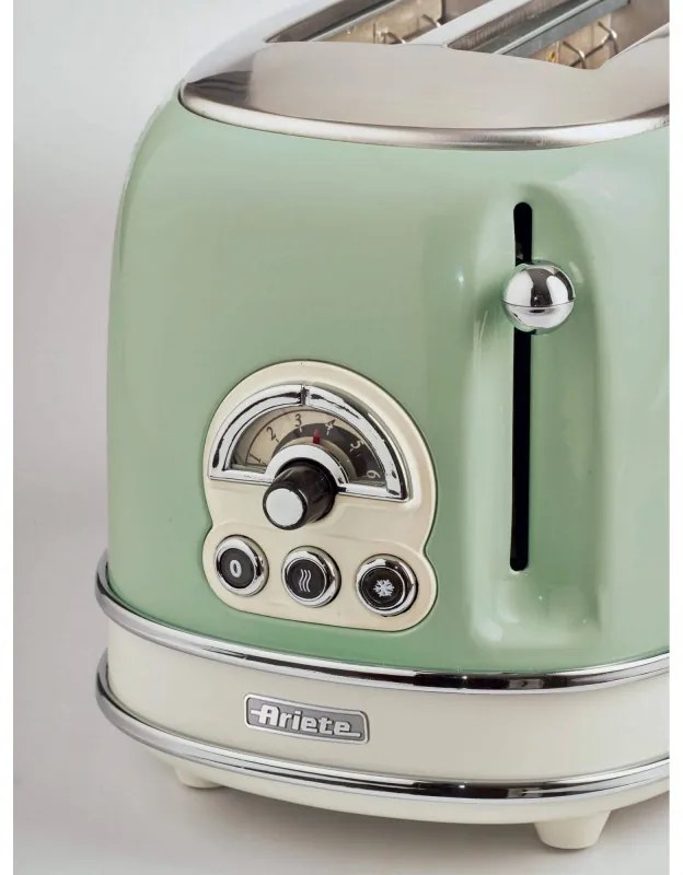 Тостер за хляб Ariete VINTAGE 0155/04, 810W, 2 филии, 3 функции, 6 степени, Подвижна тава за трохи, Зелен