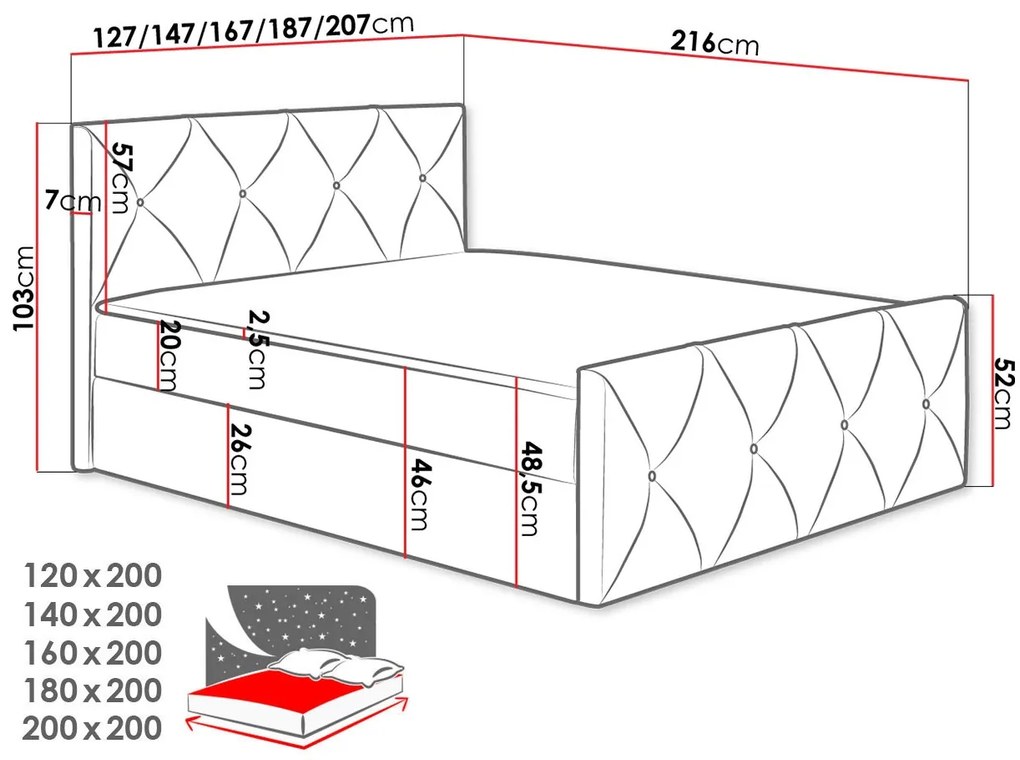 Επενδυμένο κρεβάτι Crystal Lux-Gkri Anoixto-120 x 200 εκ.