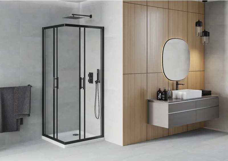 Mexen Rio квадратна душ кабина 90 x 90 см, прозрачна, черна + дъно Flat, бял