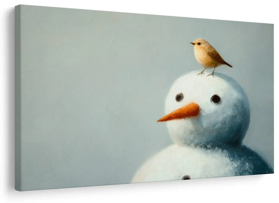 Картина на платно – Коледен снежен човек с птиче