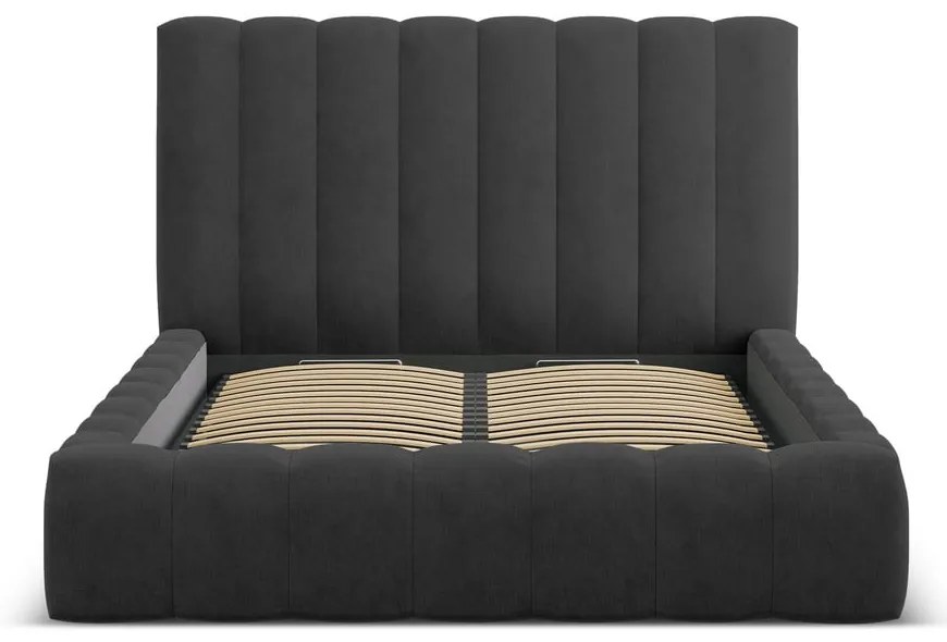Антрацитно тапицирано двойно легло с място за съхранение с включена подматрачна рамка 200x200 cm Kelp – Micadoni Home