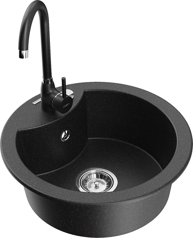 Mexen Diego гранитна кухненска мивка с 1 отделение и кухненски смесител Telma, черен/сребърен - 6512-73-670200-70