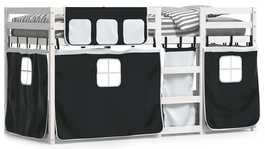 3283913 vidaXL Двуетажно легло със завеси, бяло и черно, 75x190 см, бор масив