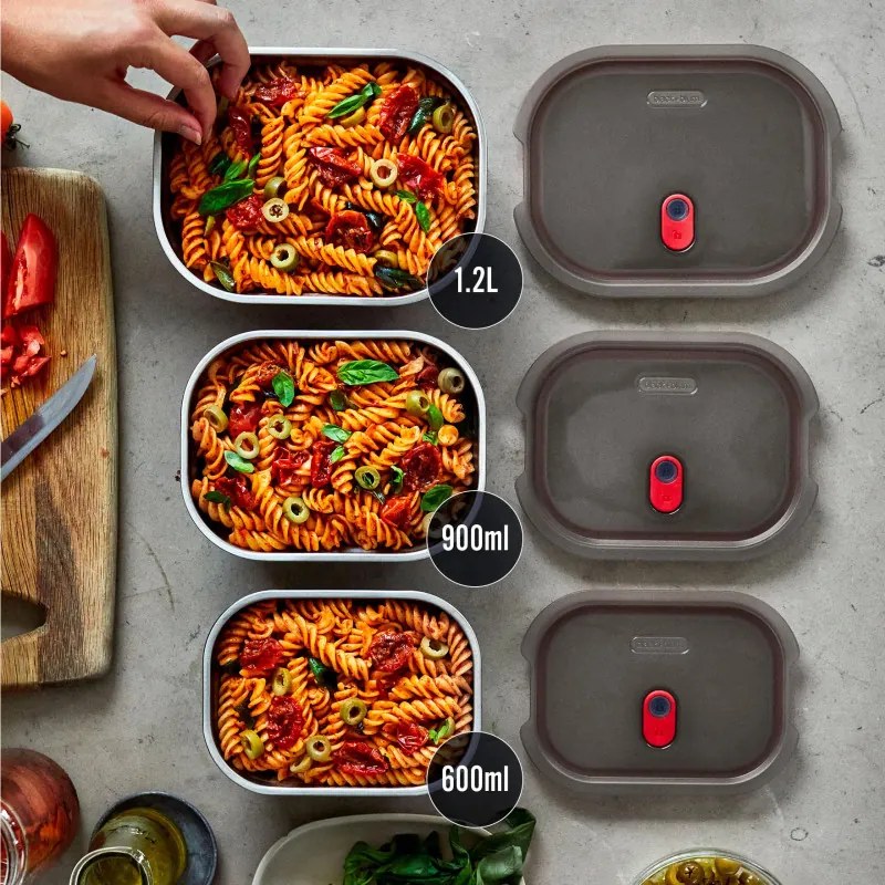 Кутия за храна Black+Blum Meal Prep FBSS-BX-L017, 1.2 l, Правоъгълна, Подходяща за фурна, Без BPA, Неръждаема стомана, Сив/Червен