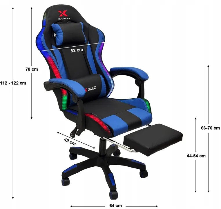 Xgaming LED геймърски стол с поставка за крака - черен и син