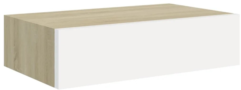 330249 vidaXL Стенен рафт с чекмедже, дъб и бял, 40x23,5x10 см, МДФ