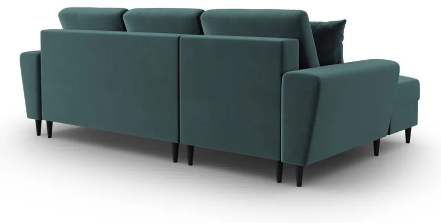 Кадифен разтегателен ъглов диван с място за съхранение в петролен цвят (ляв ъгъл) Kyoto – Cosmopolitan Design