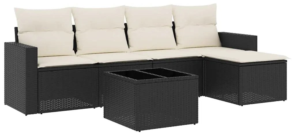 3251233 vidaXL Градински диван с възглавници, 6 части, черен, полиратан