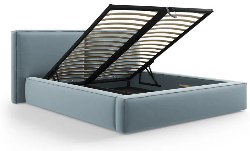Светлосиньо тапицирано кадифено двойно легло с място за съхранение с включена подматрачна рамка 180x200 cm Arendal – Cosmopolitan Design